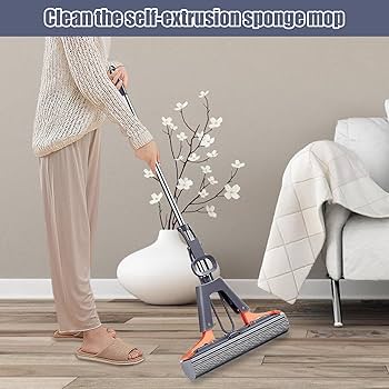 38cmx110cm self wringing super absorbent sponge mop automatic self-wringing roller squeeze mop - hands-free water squeezing floor mop, high absorbent pva sponge mop head, hardwood, tile, laminate floo