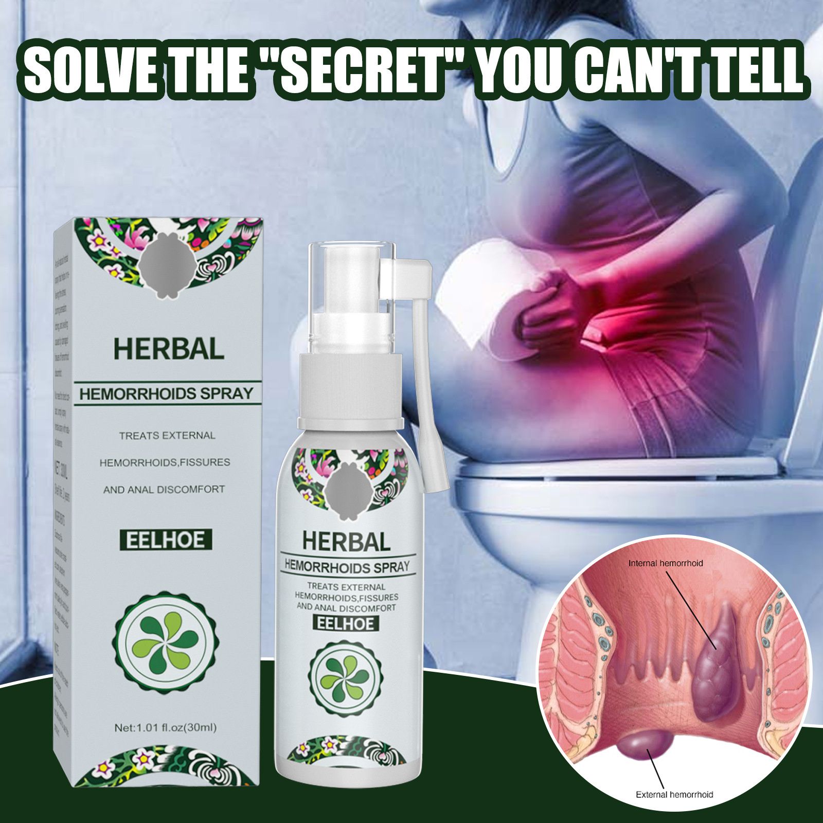EELHOE natural herbal spray to remove swelling hemorrhoids and meat ball hemorrhoids spray internal and external mixed anal soothing spray
