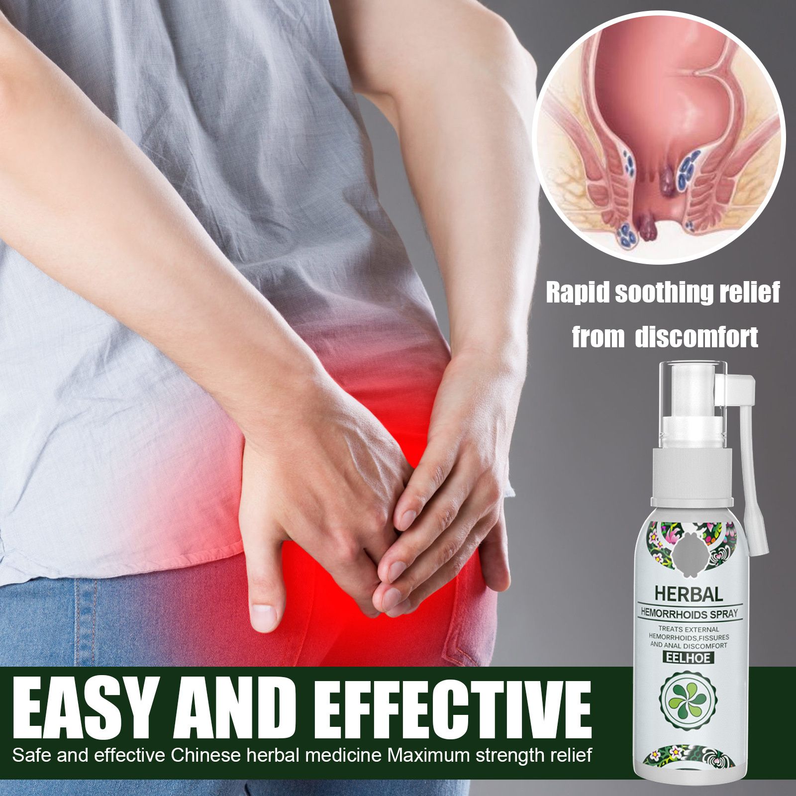 EELHOE natural herbal spray to remove swelling hemorrhoids and meat ball hemorrhoids spray internal and external mixed anal soothing spray