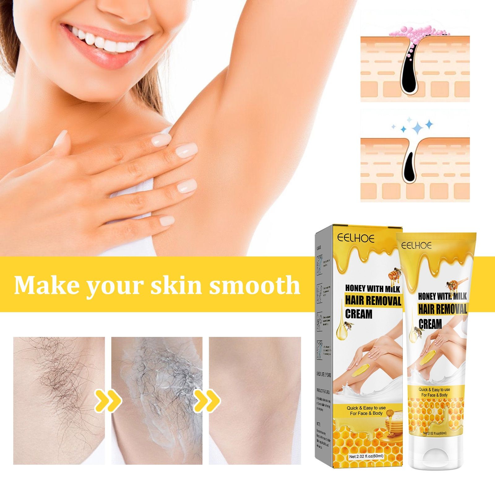 EELHOE honey&milk hair removal cream for quick and smooth hair removal on armpits, arms, and legs. Gentle hair removal cream for the whole body