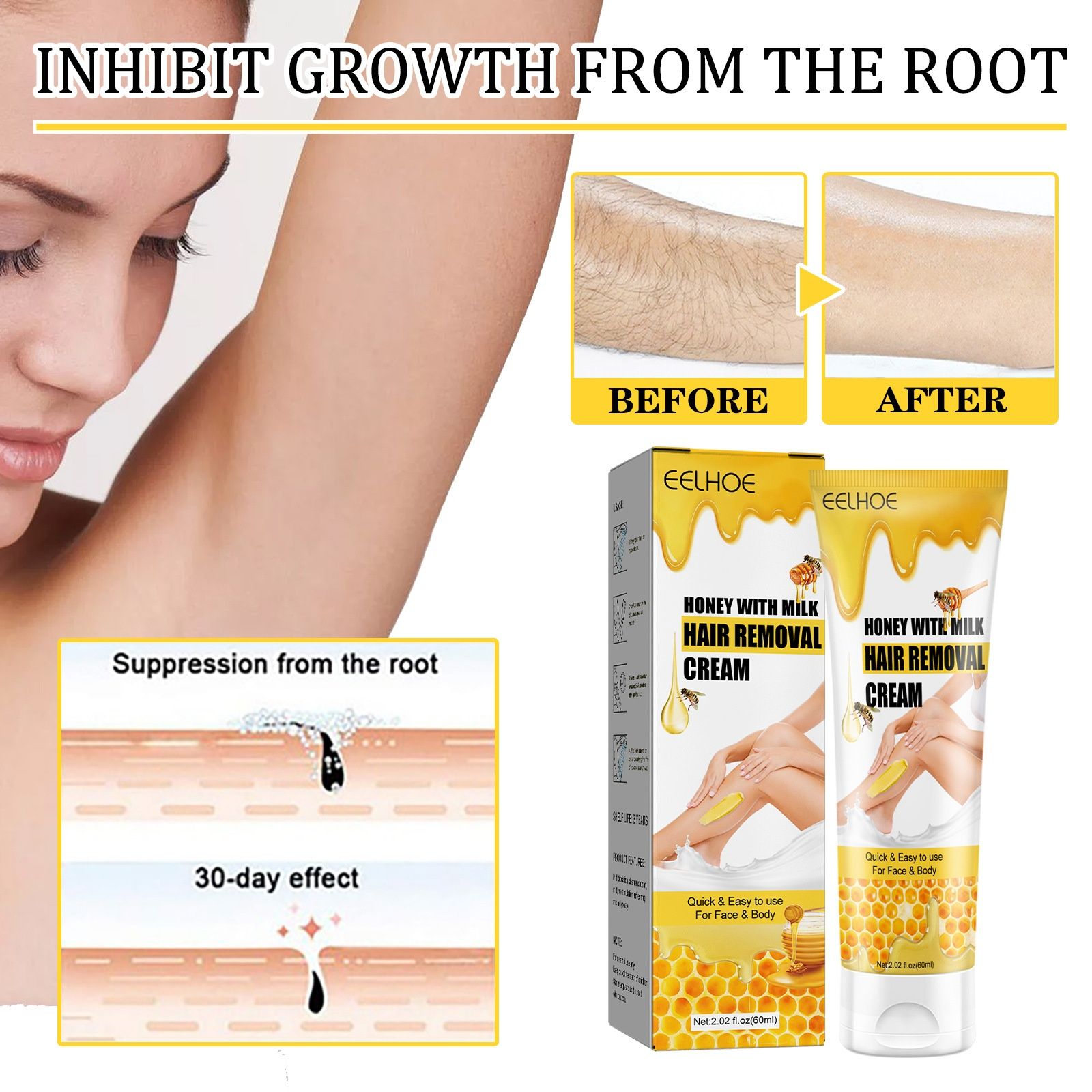 EELHOE honey&milk hair removal cream for quick and smooth hair removal on armpits, arms, and legs. Gentle hair removal cream for the whole body