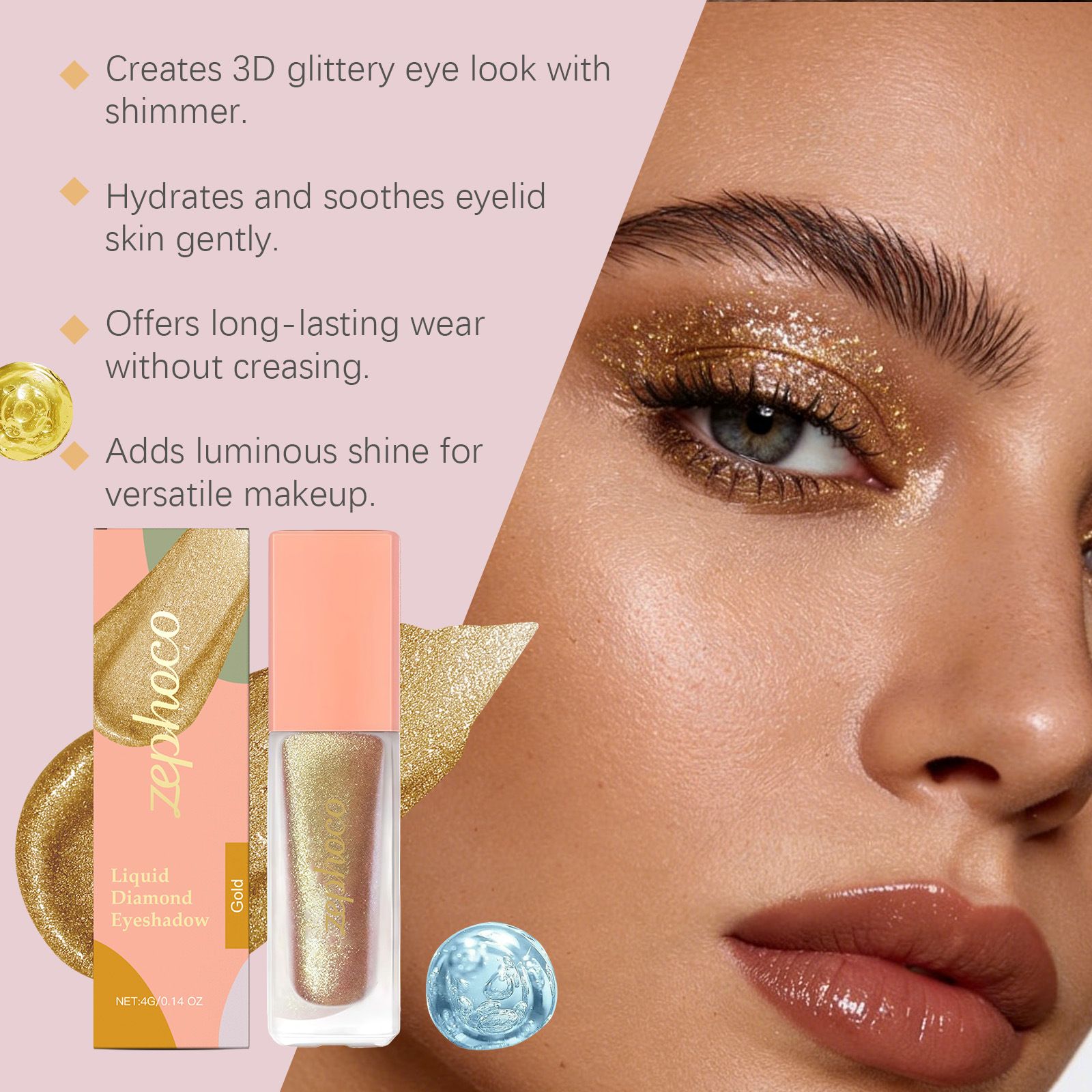 Zephoco diamond glitter eye shadow (gold) delicate bright color natural color to create eye glitter makeup effect view 5