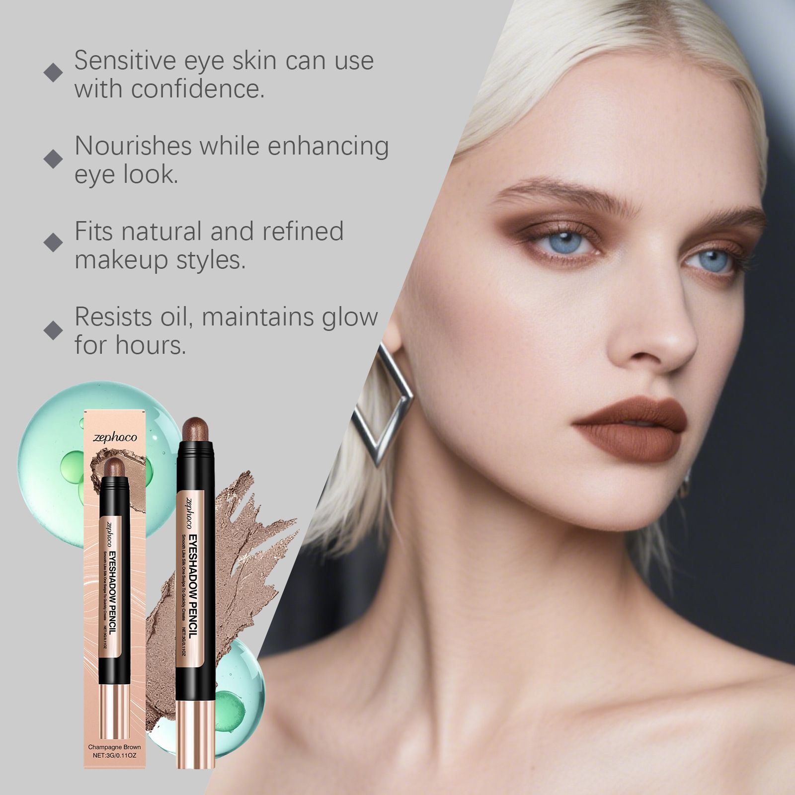 Zephoco Champagne Soft brown pearlescent eye shadow Brush smooth dizzy easy coloring Daily commuting eye makeup pen view 2