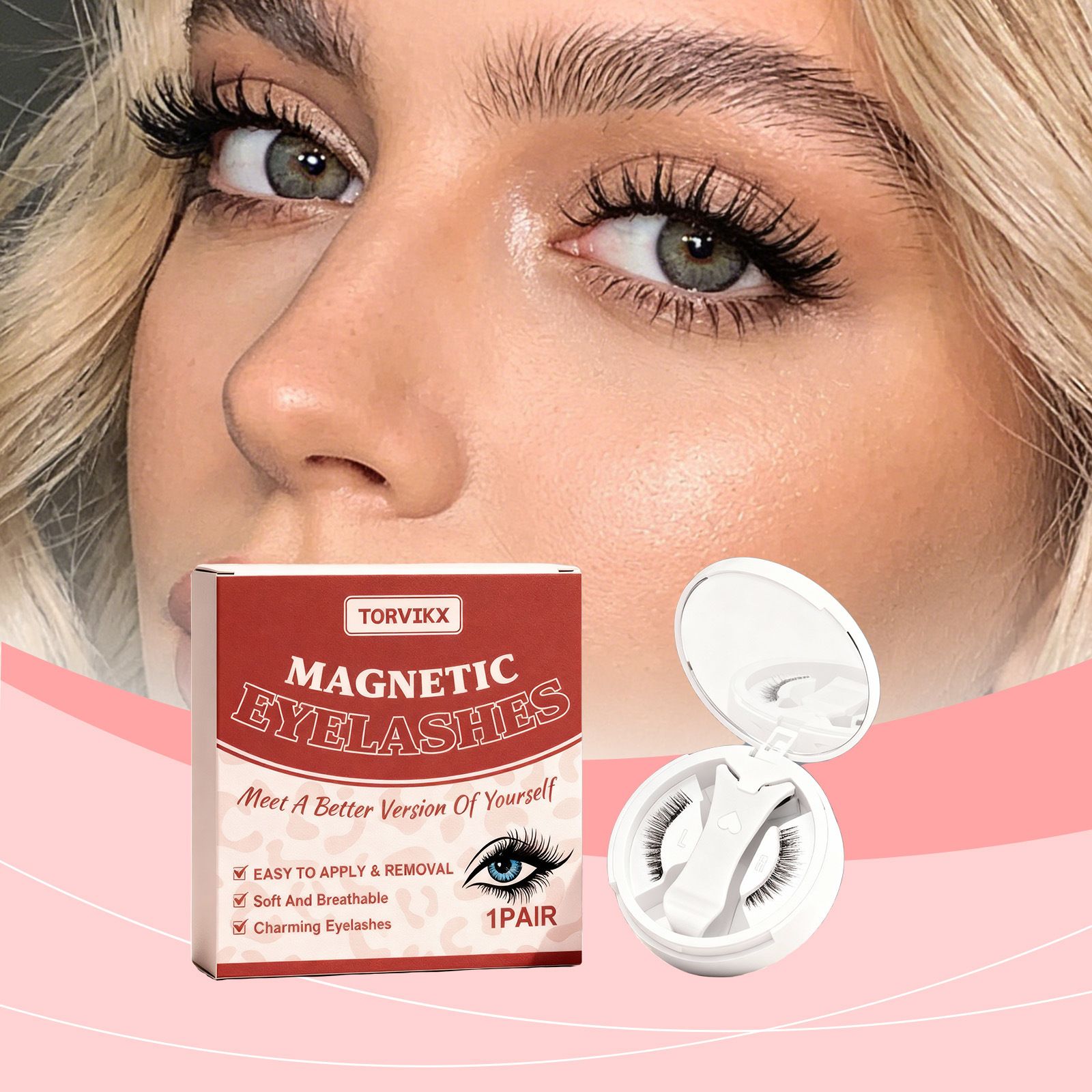 TORVIKX magnetic false eyelash set: natural, curly, fluffy, lightweight, convenient, not easy to fall off, fits the eyes well