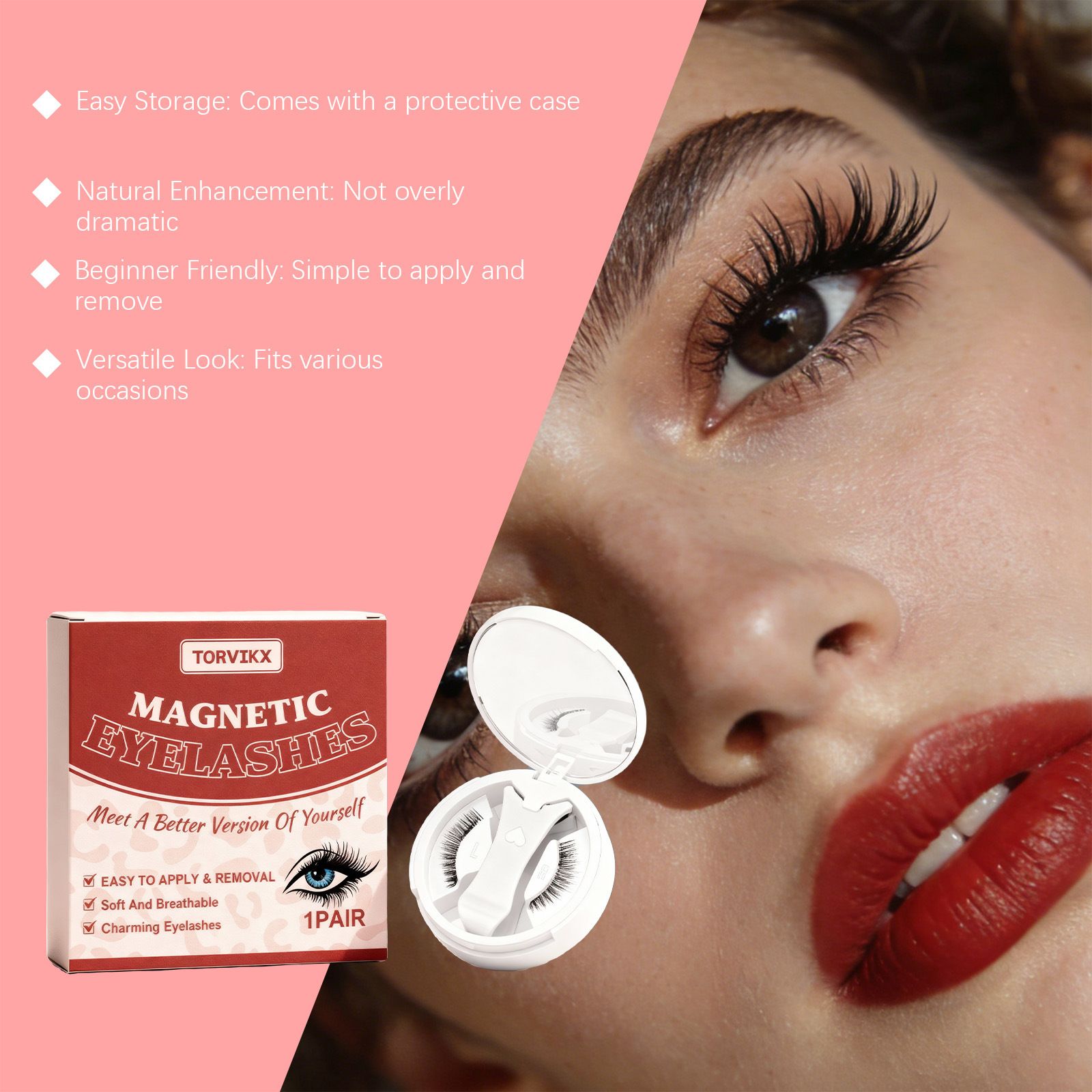 TORVIKX magnetic false eyelash set: natural, curly, fluffy, lightweight, convenient, not easy to fall off, fits the eyes well view 2