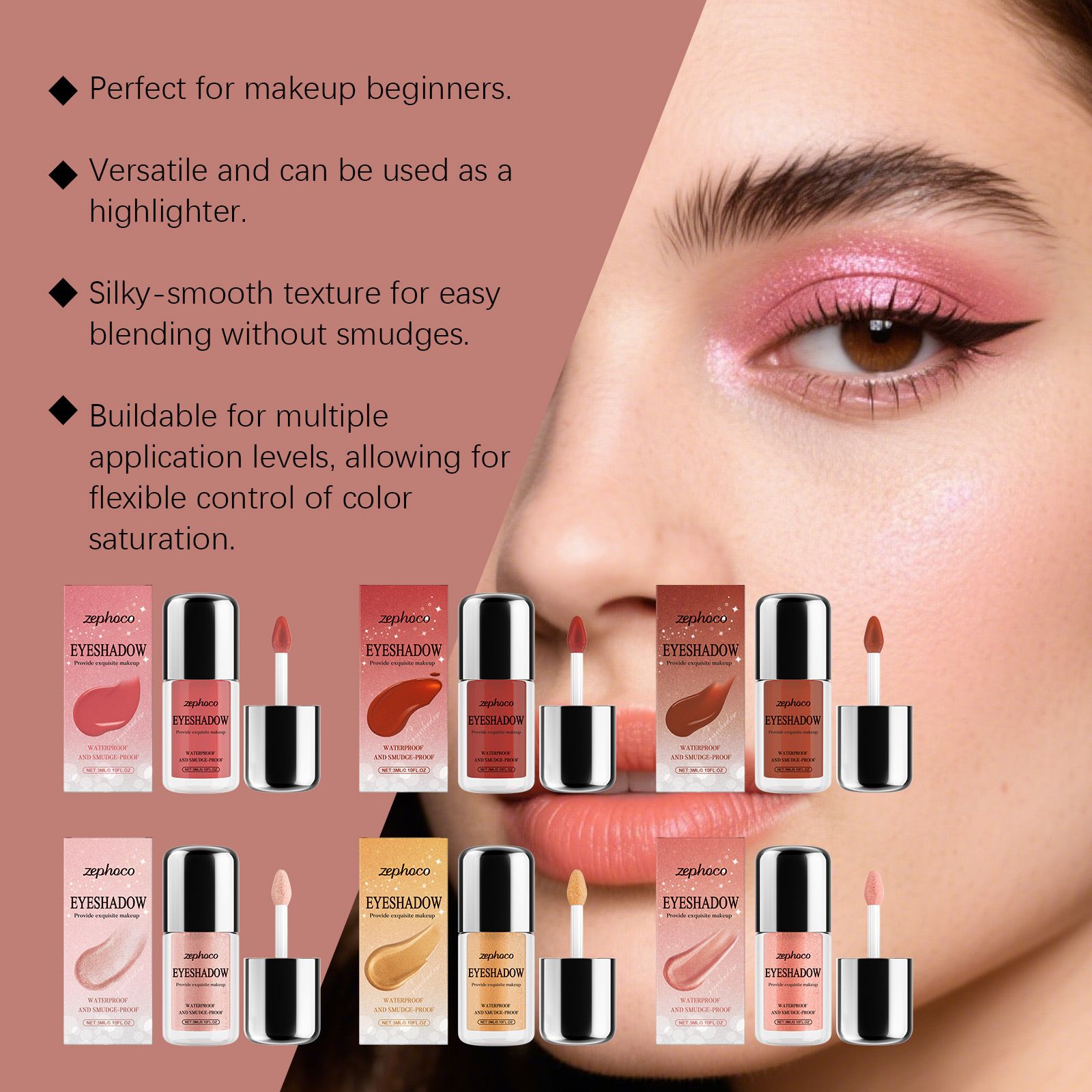 zephoco Shimmer Deep Pink Liquid Eye Shadow, Natural Color, Waterproof, Glossy, Easy to Apply, Daily Use, External Eye Shadow view 5