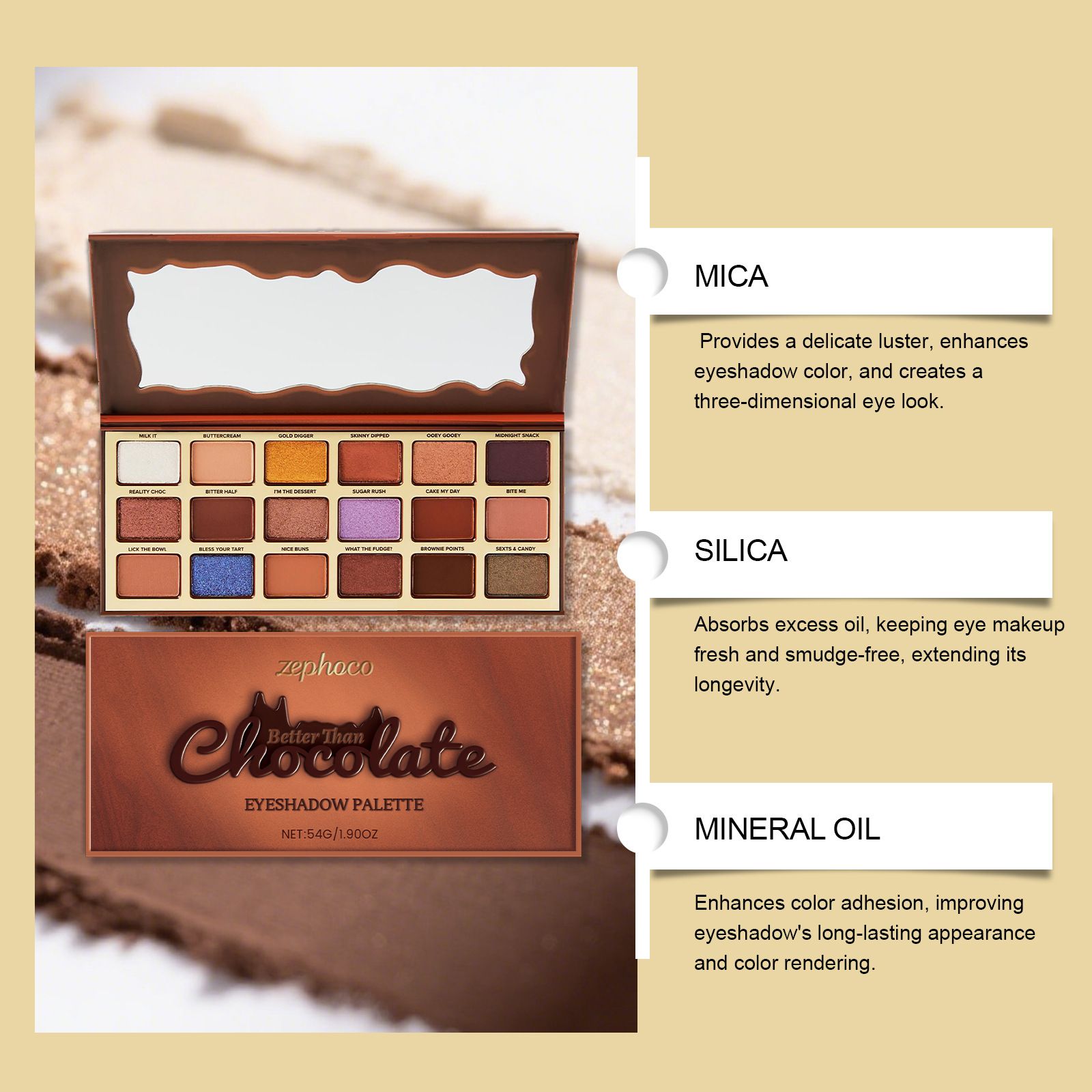 Zephoco chocolate-style eye shadow palette, earthy color with high light, cool tone, lightweight, and vivid color, suitable for daily commuting