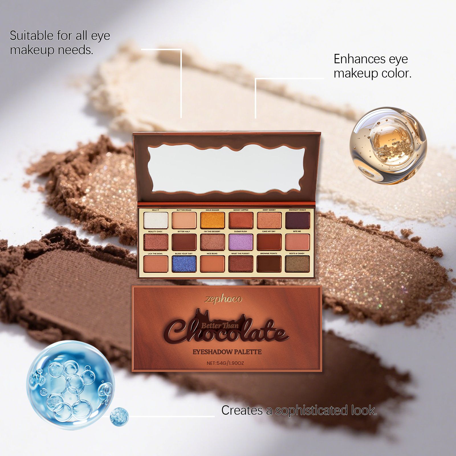 Zephoco chocolate-style eye shadow palette, earthy color with high light, cool tone, lightweight, and vivid color, suitable for daily commuting