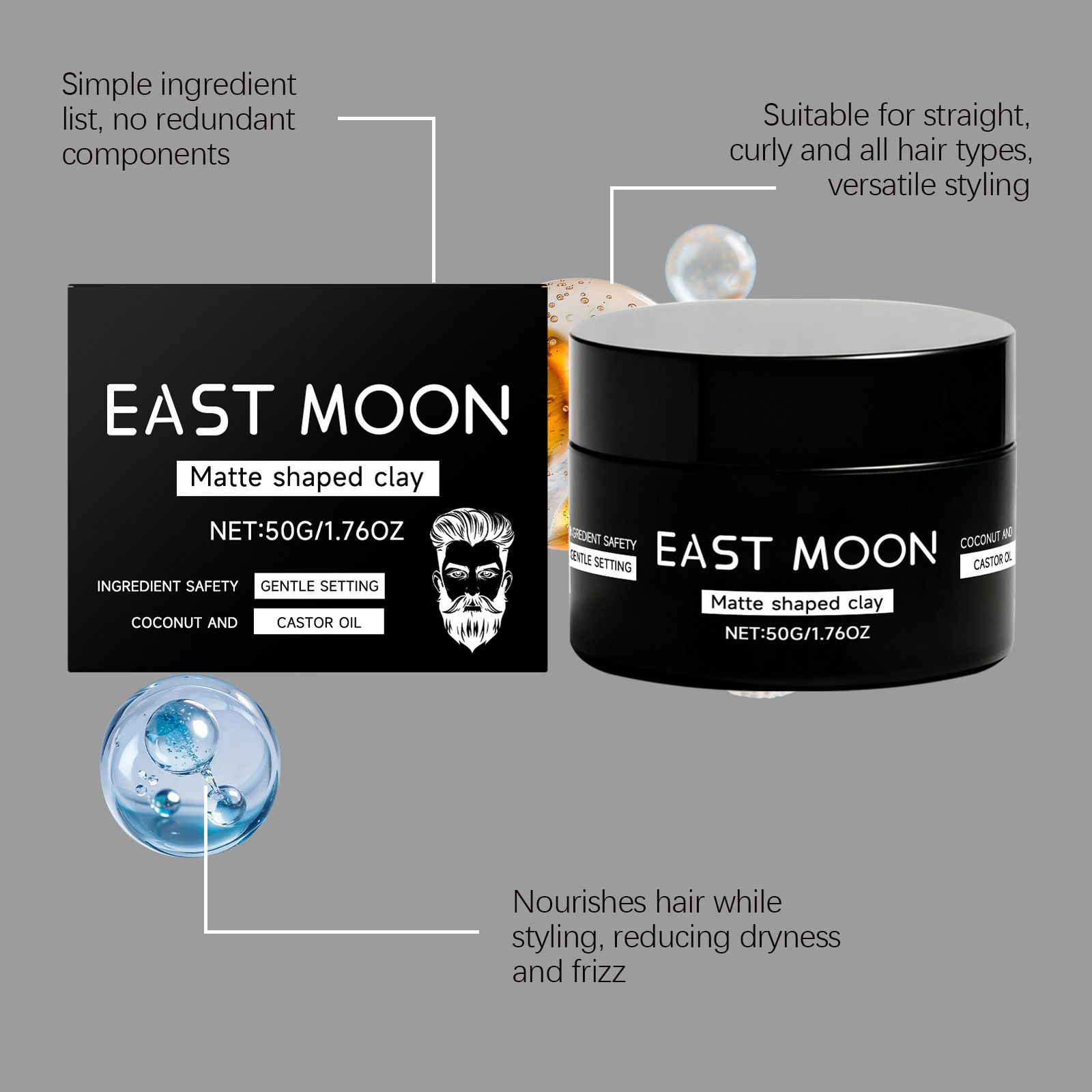 EAST MOON men's matte styling clay, a refreshing and easy-to-manage hair styling product for men, provides a sleek and non-sticky finish