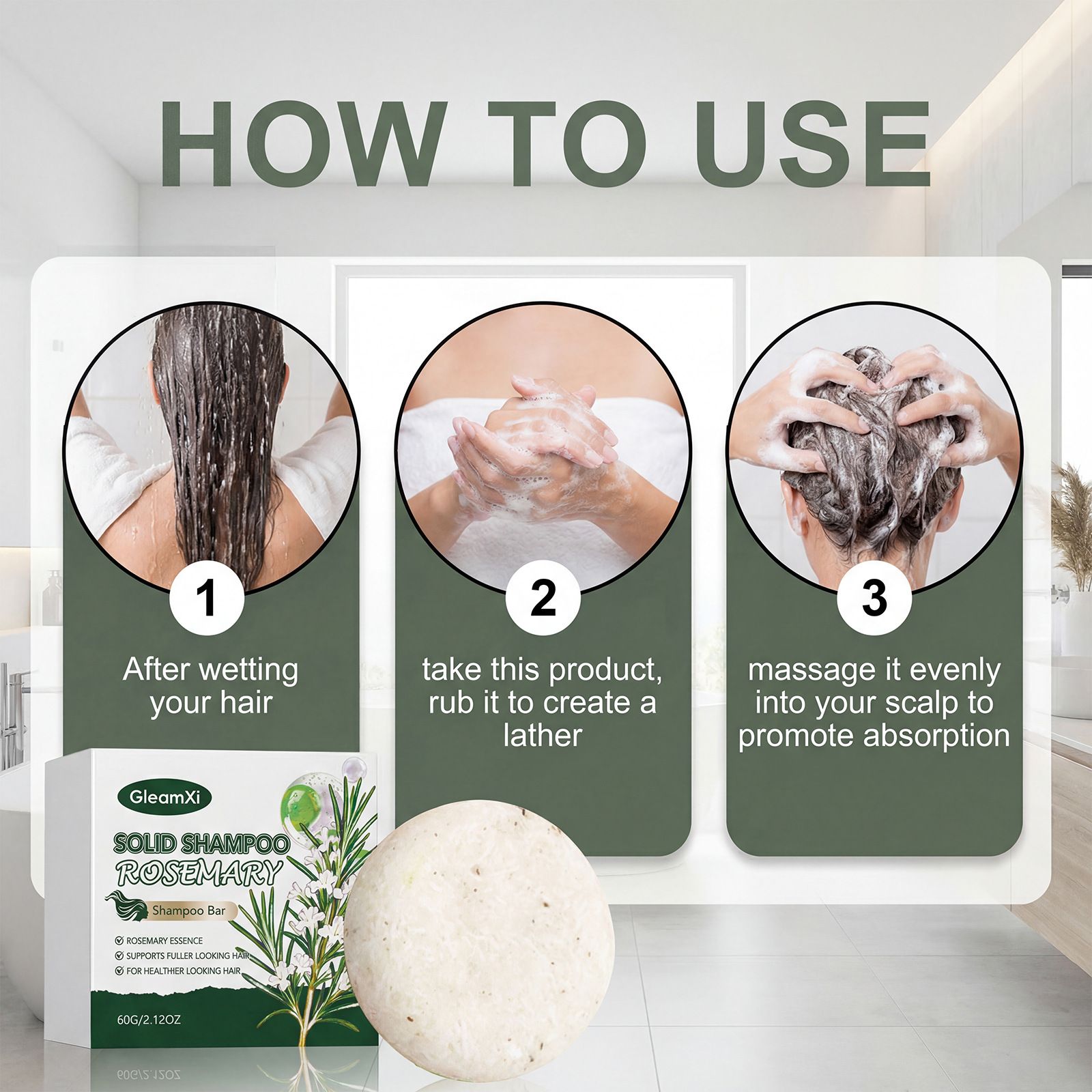 GleamXi Rosemary Shampoo Bar gently cleans and cares for frizzy and frizzy hair, providing daily nourishment and smoothing to hair strands