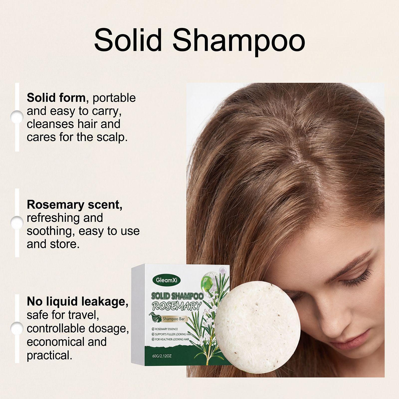 GleamXi Rosemary Shampoo Bar gently cleans and cares for frizzy and frizzy hair, providing daily nourishment and smoothing to hair strands