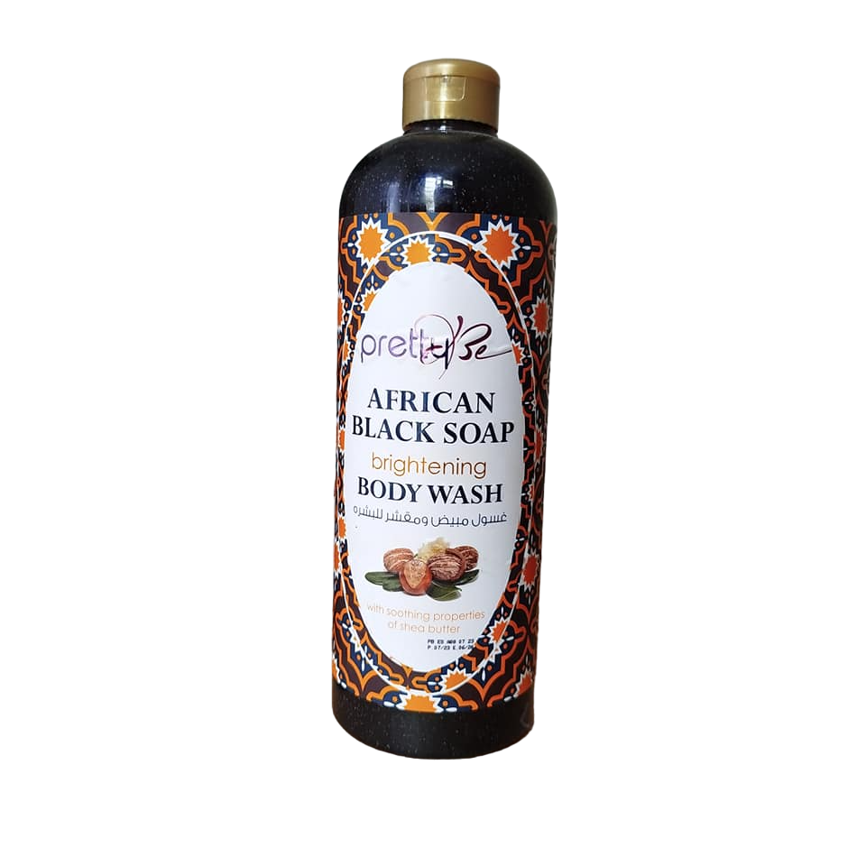 Pretty Be African Black Soap Brightening Body wash with Soothing Shea Butter. Gently Cleanses, Exfoliates, Smooths, Conditions the skin, Moisturizes, Brightens, Softens, Removes Dirt & Impurities