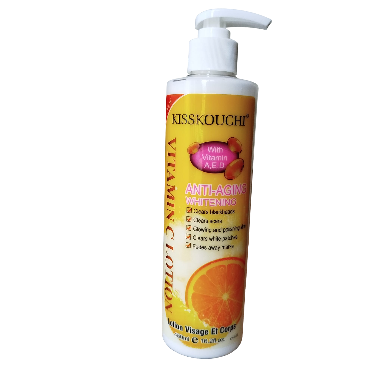 Kisskouchi Vitamin C Anti-Aging Body Lotion. Clears Blackheads, Scars, Glows, Polishes, Fades away Marks, Clears White Patches, Glows, Moisturizes & Smoothes.
