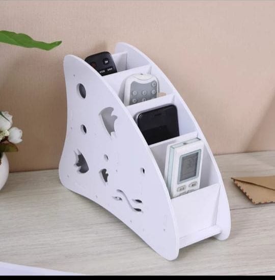 White Remote Control Holder with 4 Compartments, TV Remote Control Storage Box, Game Console, Mobile Phones, Pens, Office Supplies