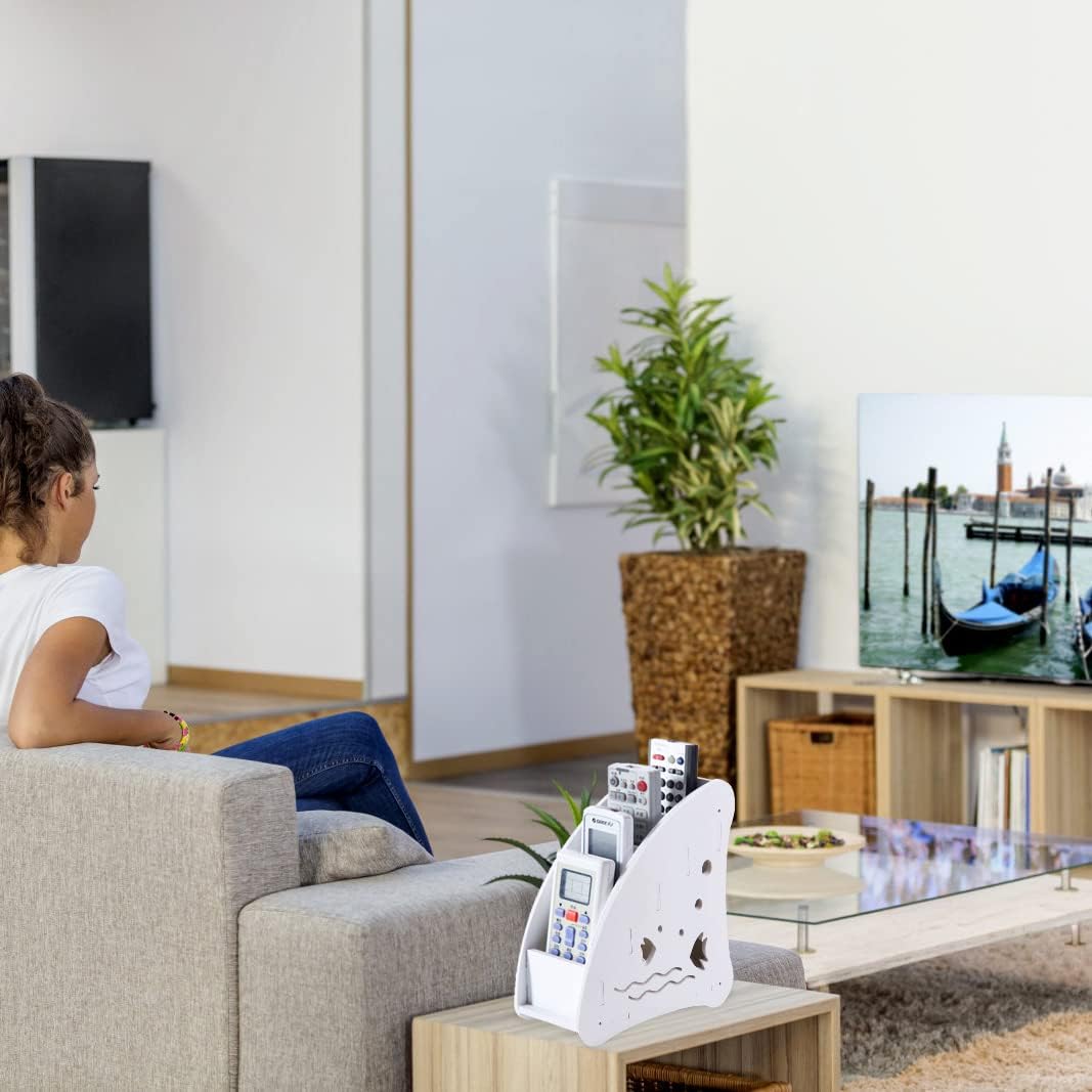 White Remote Control Holder with 4 Compartments, TV Remote Control Storage Box, Game Console, Mobile Phones, Pens, Office Supplies