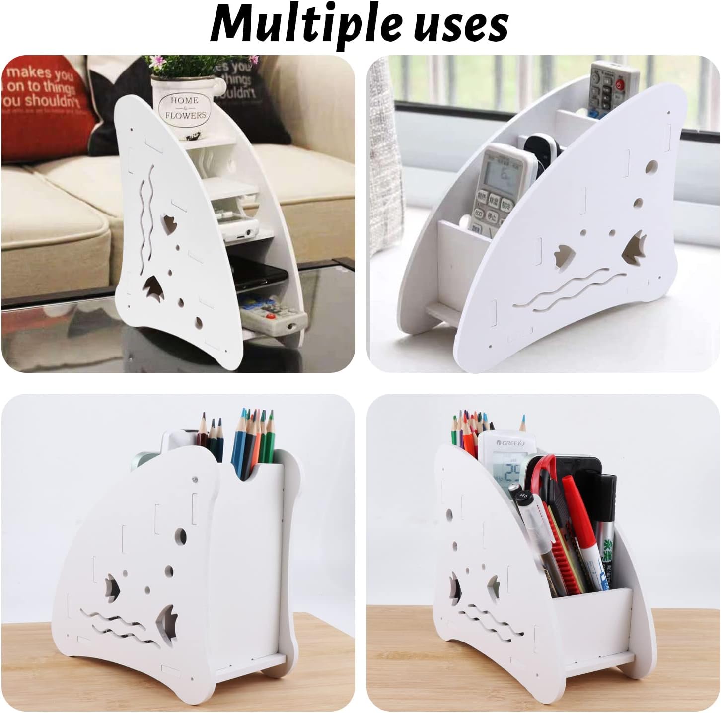 White Remote Control Holder with 4 Compartments, TV Remote Control Storage Box, Game Console, Mobile Phones, Pens, Office Supplies