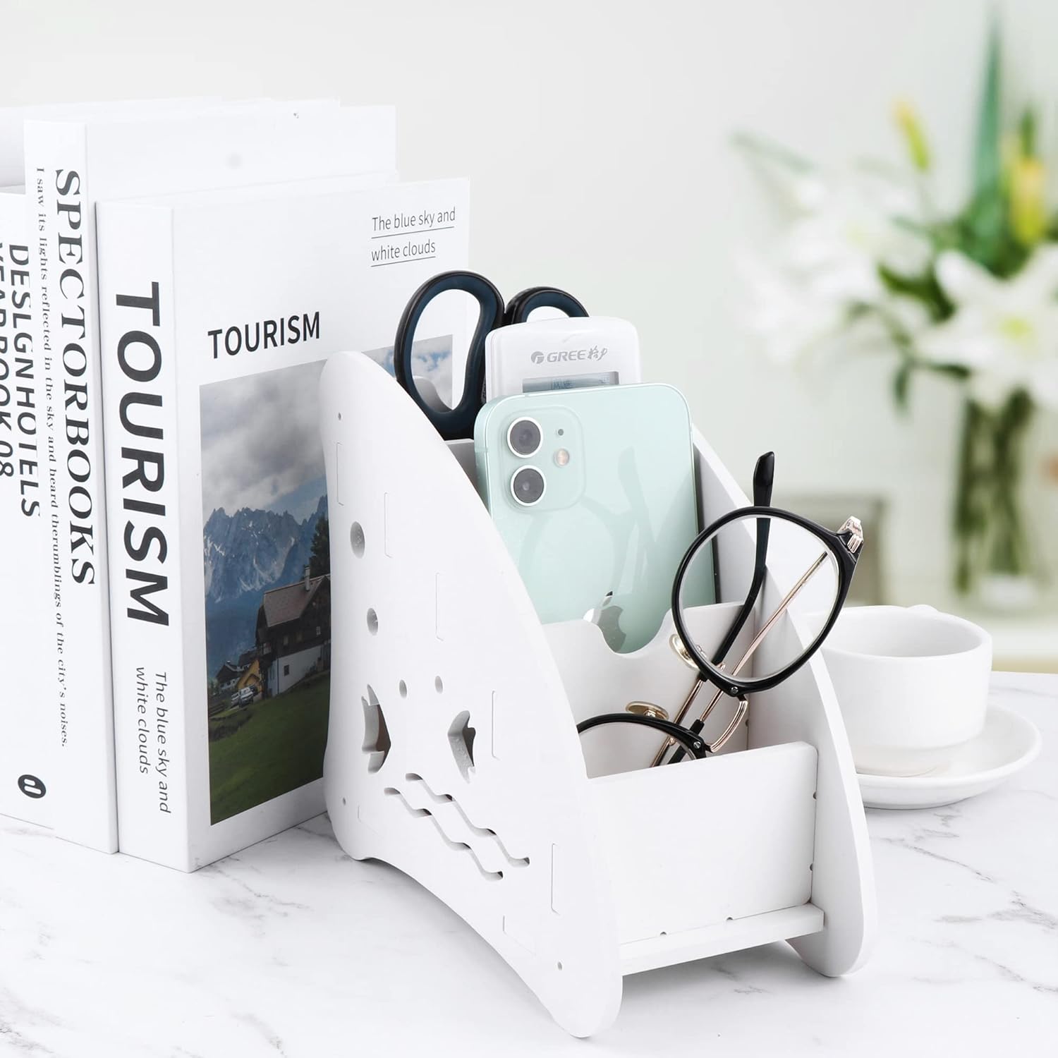 White Remote Control Holder with 4 Compartments, TV Remote Control Storage Box, Game Console, Mobile Phones, Pens, Office Supplies