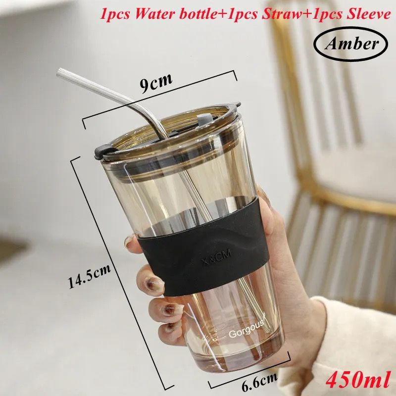 Coffee Mug Coffee Cup Water Bottle Black 450ML Travel Seal Heat Resistant Non-Slip Set Straw Cup Thick Glass Milk Juice Cup Drink Cup