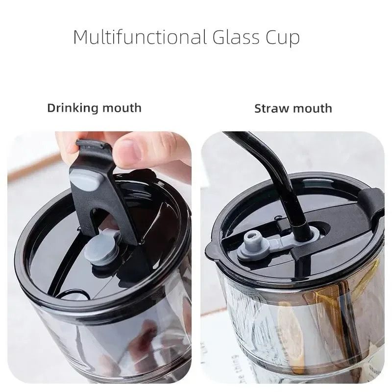 Coffee Mug Coffee Cup Water Bottle Black 450ML Travel Seal Heat Resistant Non-Slip Set Straw Cup Thick Glass Milk Juice Cup Drink Cup