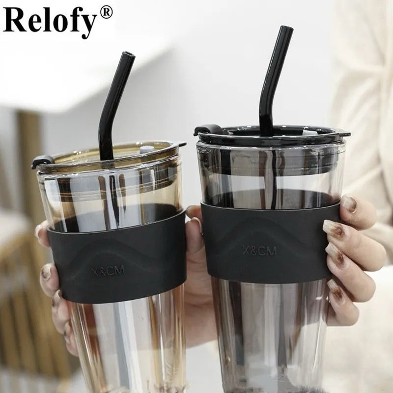 Coffee Mug Coffee Cup Water Bottle Black 450ML Travel Seal Heat Resistant Non-Slip Set Straw Cup Thick Glass Milk Juice Cup Drink Cup