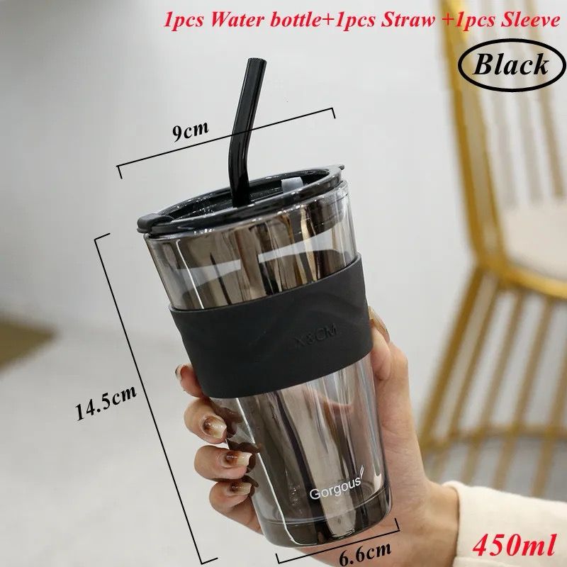 Coffee Mug Coffee Cup Water Bottle Black 450ML Travel Seal Heat Resistant Non-Slip Set Straw Cup Thick Glass Milk Juice Cup Drink Cup