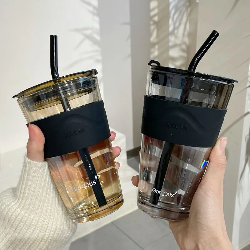 Coffee Mug Coffee Cup Water Bottle Black 450ML Travel Seal Heat Resistant Non-Slip Set Straw Cup Thick Glass Milk Juice Cup Drink Cup