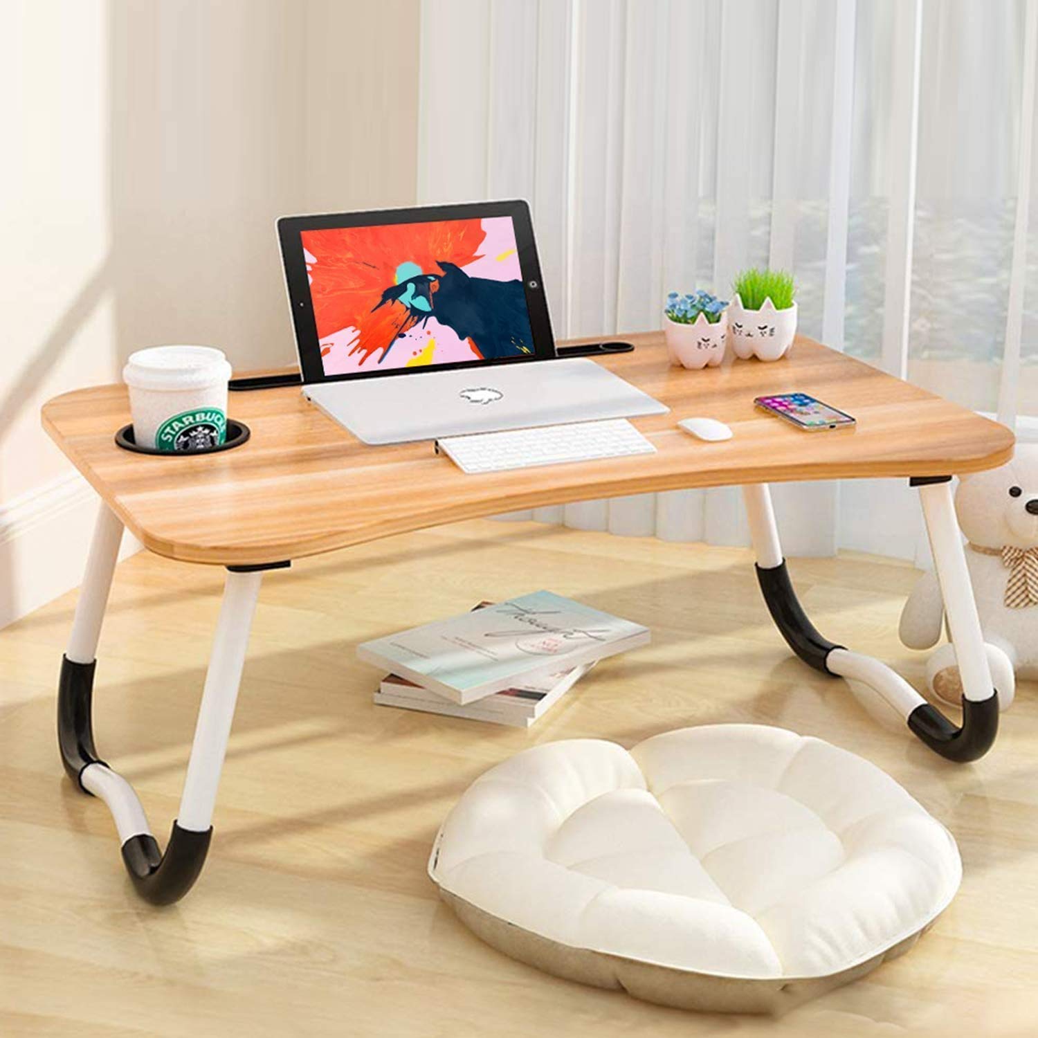 Multipurpose Foldable Laptop Table with Cup Holder, Study Table, Bed Table, Breakfast Table, Foldable and Portable/Ergonomic & Rounded Edges/Non-Slip Legs (Wood)