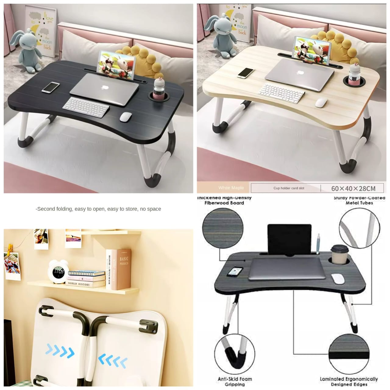 Multipurpose Foldable Laptop Table with Cup Holder, Study Table, Bed Table, Breakfast Table, Foldable and Portable/Ergonomic & Rounded Edges/Non-Slip Legs (Wood)