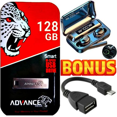Advance Metallic High Speed 128GB USB Flash Drive Convenient Pen Drive Flash Disk 128 GB With FREE OTG Cable, F9 Bluetooth Earbuds