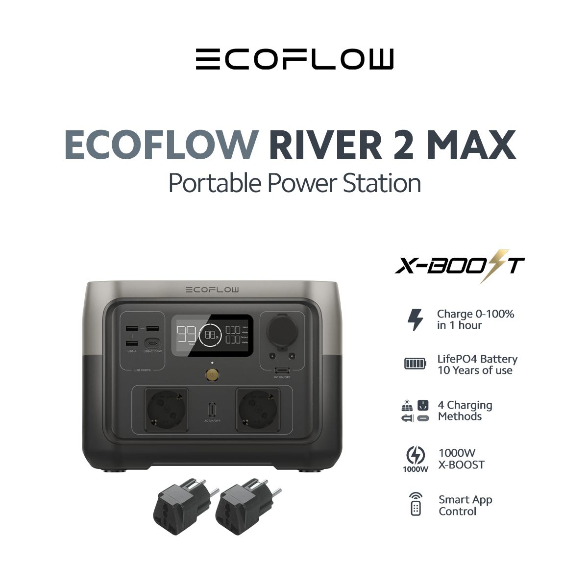 [Exclusive Deal] EcoFlow RIVER 2 Max Portable Power Station 512Wh LiFePO4 Battery 500W AC Output 1000W Surge Fast Charging Solar Generator for Home Backup and Outdoor Use