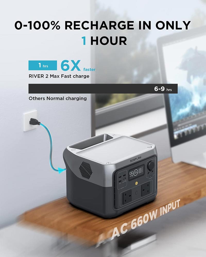 [Exclusive Deal] EcoFlow RIVER 2 Max Portable Power Station 512Wh LiFePO4 Battery 500W AC Output 1000W Surge Fast Charging Solar Generator for Home Backup and Outdoor Use