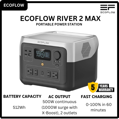 [Exclusive Deal] EcoFlow RIVER 2 Max Portable Power Station 512Wh LiFePO4 Battery 500W AC Output 1000W Surge Fast Charging Solar Generator for Home Backup and Outdoor Use