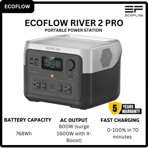 [Limited-Time Discount] EcoFlow RIVER 2 Pro Portable Power Station – 768Wh LiFePO4 Battery, 800W AC Output (1600W Surge), Fast Recharge, Solar Generator for Outdoor Camping, RV, Emergency Backup
