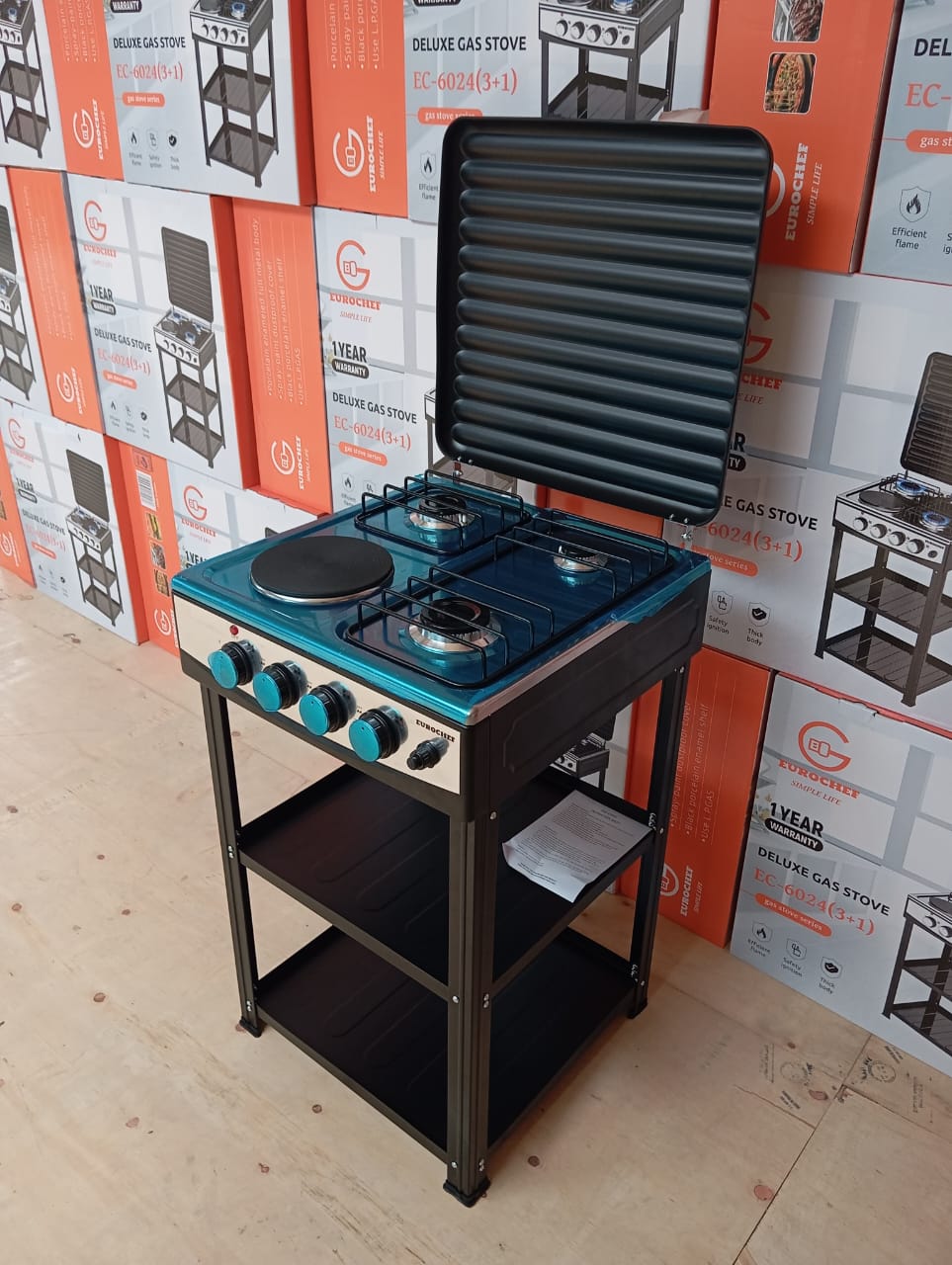 Eurochef 3 Gas + 1 Electric Cooker – Cook More, Store Smart! Spacious shelves, powerful burners, and versatile cooking all in one sleek standing unit.”