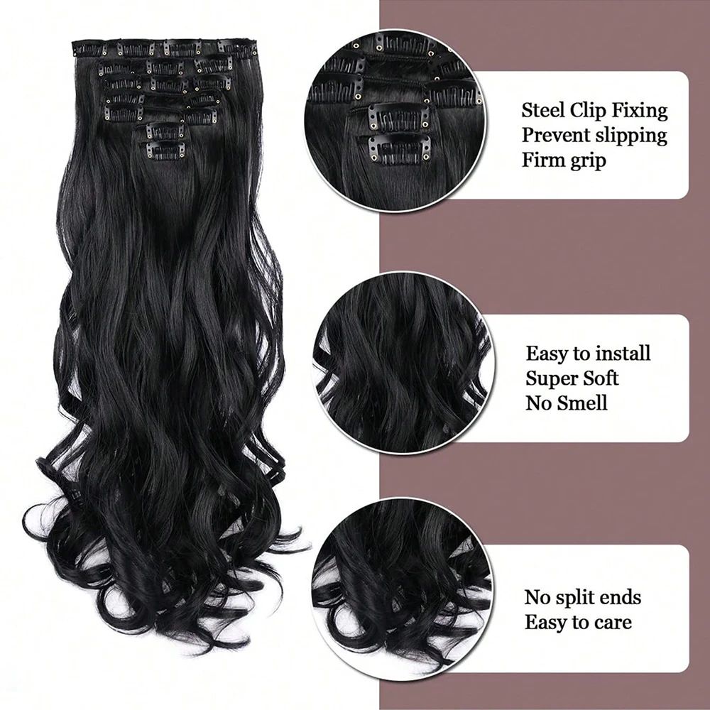 7pcs/set 16pcs clips synthetic hair extensions curly wave clip hair extensoin