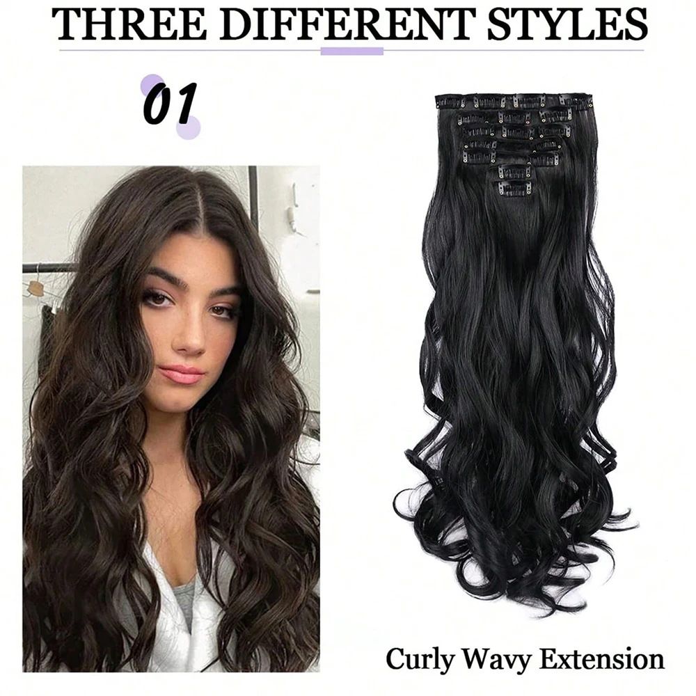 7pcs/set 16pcs clips synthetic hair extensions curly wave clip hair extensoin