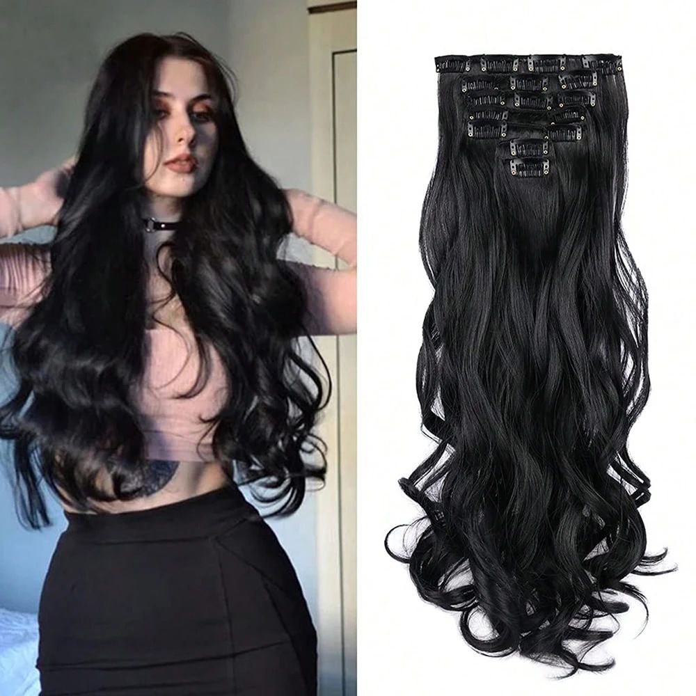 7pcs/set 16pcs clips synthetic hair extensions curly wave clip hair extensoin