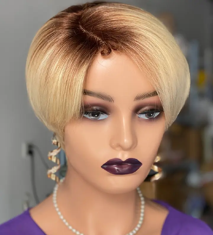 6" Fashion Short Hair Wig Pixie Cut T4/613 Lace Human Hair wig