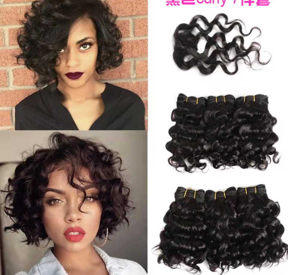 100% real human hair weaves 7pcs set short hair bundles curly body wave hair extension