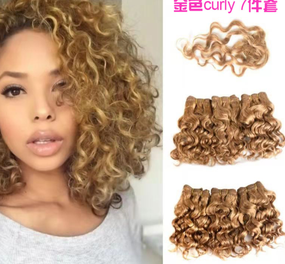 100% real human hair weaves 7pcs set short hair bundles curly body wave hair extension