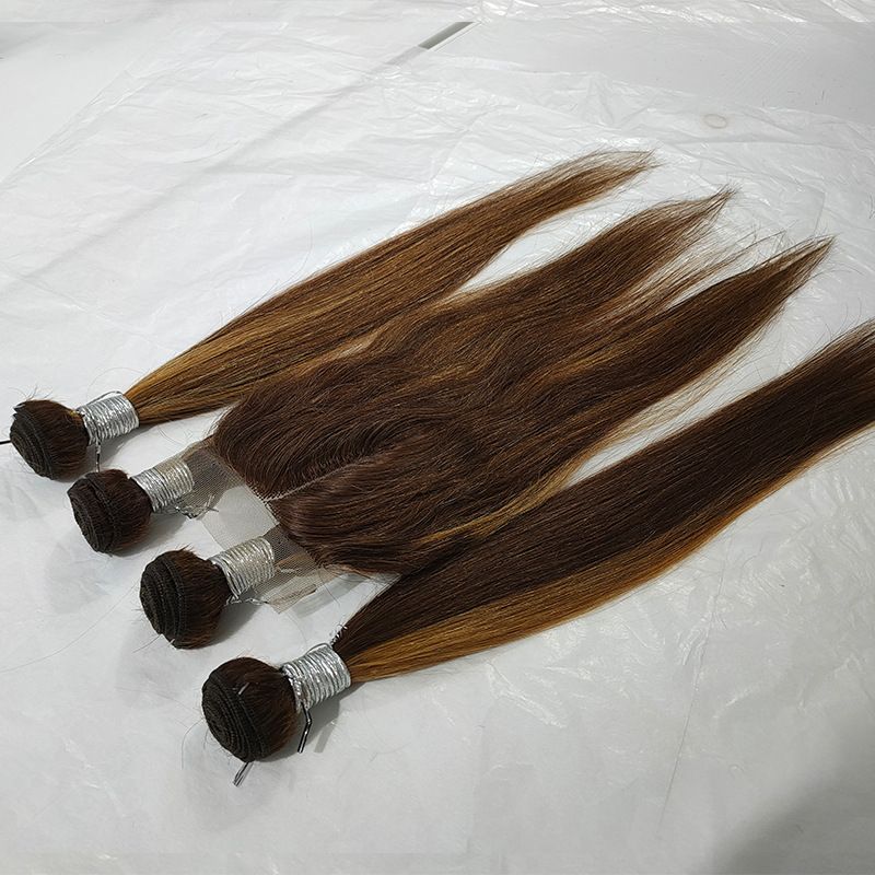 5pcs Set Packet Human hair bundles with 4*4 closure piano color 4/27 straight boday wave kinky curly huar bundles