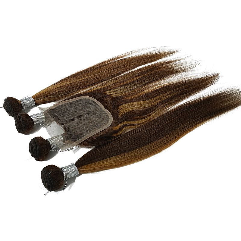 5pcs Set Packet Human hair bundles with 4*4 closure piano color 4/27 straight boday wave kinky curly huar bundles