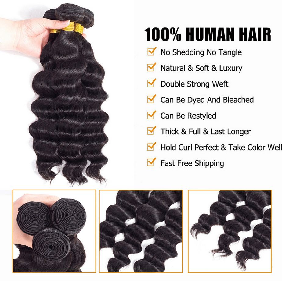 10A Human Hair Bundle Deep Wave Natural Black Color