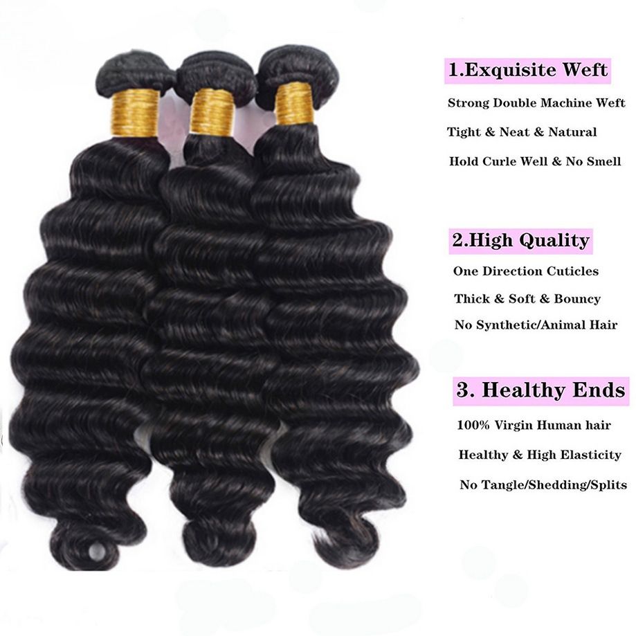 10A Human Hair Bundle Deep Wave Natural Black Color