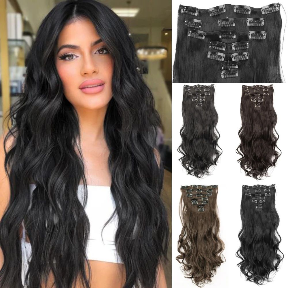 26" Synthetic clip ins hair extension 16pcs clips 7 pcs set hair extensions curly wave clip hair extension