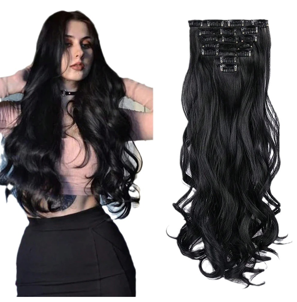 26" Synthetic clip ins hair extension 16pcs clips 7 pcs set hair extensions curly wave clip hair extension