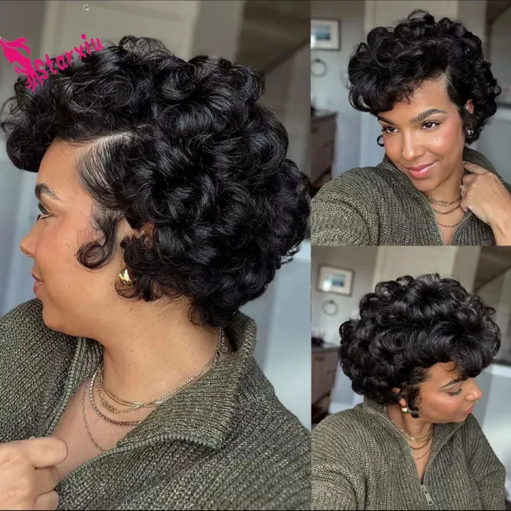 13*4 Lace Frontal 100% Human Hair Wig Africa Short Curly Wig Pixie Cut Short wigs Elf Wig Headsets Wig Short Rolls