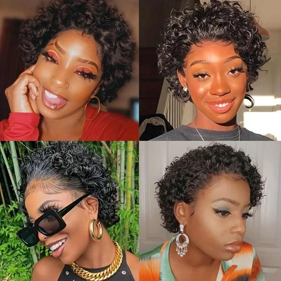 6" Real human hair wig 13*1 lace frontal wig curly short hair wig natural black color hair wig