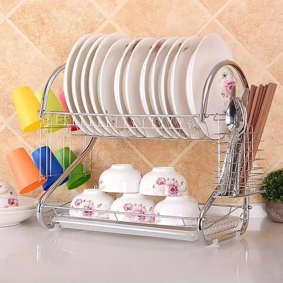 2 Tier Dish Rack Stainless Steel, With Drain Board  Rust-Proof and Easy to Clean The dish rack's fingerprint-proof finish keeps the rust-proof Stainless Steel body shiny. The utensil holder and dish d