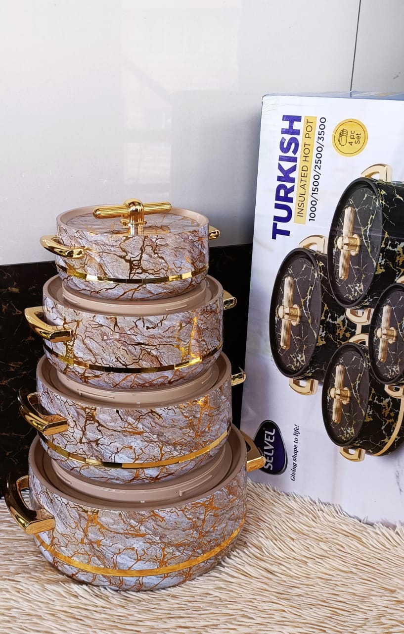 Turki turkish insulated hotpot .4 Pieces Insulated Hot Pots Casserole Set Comfortable carrying during travel,picnics etc Freshness Redefined - Retain aroma, taste & nutrition Intact locking syst